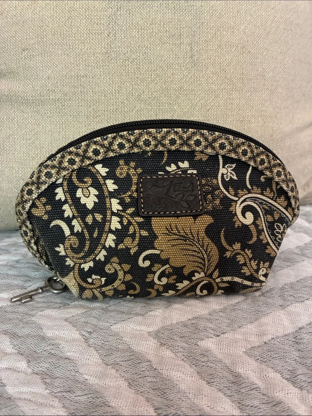 Fossil Black Tan Paisley Canvas Makeup Bag Cosmetic Pouch -- Y2K
